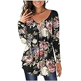 Rippenshirt Damen Frauen Casual Blumendruck V-Ausschnitt Knöpfe Langarm Flare Tunika T-Shirt Bluse Tops Online Shop (Black, L)