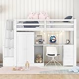 I0I&I0I Hochbett 90 x 200 mit Kleiderschrank und Treppe, Schreibtisch und Schubladen und Schrank in Einem (Weiß)