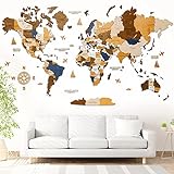 WOW WOOD Weltkarte aus Holz 3D auf Französisch | Wanddeko für Wohnzimmer, Schlafzimmer oder Büro | Geschenkidee für jede Party | Wandmontage ohne Werkzeug