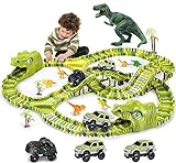 burgkidz Dinosaurier Spielzeug Schienen, 260 Stück Dinosaurier Weltrennstrecken Spielset mit 3 Triebwagen und 7 Dinosaurierspielzeugen, Stengel pädagogisches Geschenk für Kinder ab 3 J