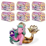 GALUPY Mermaid 6er Pack - Einhorn Spielzeug mit Meerjungfrauenflosse, 6X Einhorn Figuren mit Swarovski Kristall, 18 Verschiedene Einhorn Figuren zum S