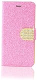 monjour Samsung Galaxy S4 Handy Hülle Schutzhülle Glitzer Strass Flip [Klappbar + Standfunktion] + [2 x Kartenfach] in [Pink] Wallet Book-Style Full Cover Flip Case Diamant T
