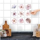 FoLIESEN - Weiße Fliesenaufkleber mit Aquarell-Blüten für Bad, Küche, Badezimmer - Fliesen-Folie selbstklebend - 9 Klebefliesen, 15x15 cm - Weiß g