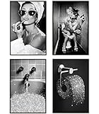 ENROR Badezimmer Bilder Set,4 Teilig Schwarz-weiß Leinwand Bild Moderne Mode Frauen, Lustige Badezimmer-Wandkunst Poster (20X30CMX4 Ohne Rahmen)