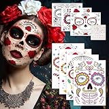 Halloween Tattoo Gesicht,Gesichtstattoo Temporäre Tattoos Gesichtstätowierung Mit Skelett Totenkopf Floral,Glitzersteine Aufkleber für Karneval,Maskerade,Halloween Tag der Toten Kostüm D