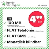 Handytarif handyvertrag.de z.B. Allnet Flat 100 MB – (Flat Internet 5G 100 MB, Flat Telefonie, Flat SMS und Flat EU-Ausland, 4,99 Euro/Monat, monatlich kündbar) oder andere T