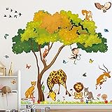 RW-1023 Wandaufkleber mit Cartoon-Dschungel-Tiermotiv, 3D, großer grüner Baum, abnehmbar, Giraffe, Löwe, Affe, Leopard, Blume, Schmetterling, Wanddekoration für Kinder, Baby, Schlafzimmer, Wohnzimmer,