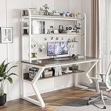 SZITW Computertisch mit Bücherregal und Stecktafel, Home-Office-Schreibtisch, moderner Studentenschreibtisch, PC-Gaming-Schreibtisch, Arbeitstisch für platzsparendes Arbeiten (47 Zoll, grau + weiß