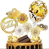 iZoeL Tortendeko Gold Happy Birthday Topper Golden Konfetti Luftballon Feuerwerk Papierfächer Kuchendeko Geburtstag