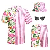 4-teiliges Hawaii-Hemd und kurzes Set für Herren, lässiges Button-Down-Sommer-Strand-Blumen-Outfits mit Hüten und Sonnenbrillen, Flamingo, M