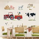 wondever Wandtattoo Bauernhof Kinderzimmer Wandaufkleber Traktor Rot Kuh Schaf Wandsticker Wanddeko für Küche Wohnzimmer E