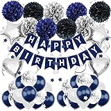 ZERODECO Geburtstagsdeko Mann, Marineblau Silber Schwarz Geburtstag Partydekoration für Männer Happy Birthday Banner mit Papier Pompons Stern Wimpel Folienballon Geburtstag für Mädchen Junge F