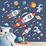 wondever Wandtattoo Raketen Weltraum Wandaufkleber Planeten Sonnensystem Astronaut Raumschiff Wandsticker Wanddeko für Jungen Kinderzimmer Babyzimmer Sp