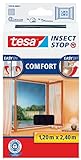 tesa Insect Stop COMFORT Fliegengitter für bodentiefe Fenster - Insektenschutz selbstklebend - Fliegen Netz ohne Bohren - anthrazit (durchsichtig), 120 cm x 240