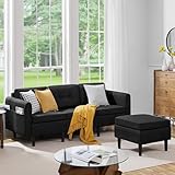 Yaheetech Ecksofa 3-Sitzer Sofa mit Polsterhocker aus Leinenstoff Eckcouch in L-Form Rechts/Links fürs Wohnzimmer/Schlafzimmer/Wohnung, Schw