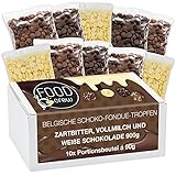 FOOD crew 900g belgische Schokolade für Fondue - Mix aus Vollmilch, Zartbitter & Weiß - Schokobrunnen – Schoko Kuvertüre Drops - 10 Portionsbeutel einzeln verpack