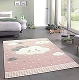 Merinos Kinderteppich Spielteppich mit Wolken in Rosa Größe 80x150