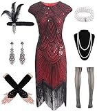WILDPARTY 20er Jahre Kostüm Damen Charleston Kleid, Flapper Kleid mit Pailletten Perlen Fransen Netzstrümpfe, Gatsby Kleid 20er Jahre Accessoires, Vintage Mafia Kostüm D