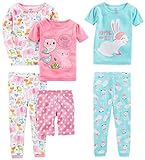 Simple Joys by Carter's Baby Mädchen 6-teiliges Schlafanzug-Set, eng anliegend, Blau Kaninchen/Rosa Punkte/Weiß Waldtiere, 12 M
