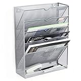 Wand Zeitungshalter 5 Etagen Metall Netz Prospekthalter mit Klebehaken, Desktop Vertikaler Zeitschriften Document Organizer A4 Papierhalter für Zeitungsordner Mails(Silber)