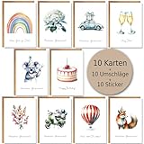 Schildbürger 10 Glückwunschkarten Hochglanz Set mit Umschlägen und Stickern passend zu allen Anlässen A6 Postkarten Geburtstag Geburt Taufe Hochzeit Jubiläum (Aquarell)