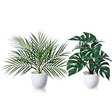 SOGUYI Kunstpflanze 40cm Areca Palme/Tropischen Monstera Künstliche Pflanzen im Topf Für Indoor Decor Home Schreibtisch Badezimmer Schlafzimmer Wohnzimmer Dekoration(2 Pack)
