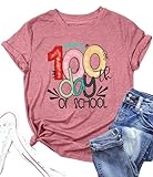 LAZYCHILD 100th Day of School Teacher Shirt Happy 100 Days of School T-Shirt Letter Print Teach Short Sleeve, Pink, XX-Larg