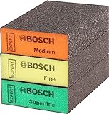 Bosch Professional 3x Expert S471 Standard Blöcke (Schleifschwamm für Weichholz, Farbe auf Holz, 69 x 97 x 26 mm, Feinheitsgrad Mittel / Fein / Superfein, Zubehör Handschleifen)