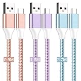 3er-Pack USB-C-Kabel, 1/2/3 m, 3.1 A, Schnellladekabel, Typ C, geflochten, kompatibel mit Samsung Galaxy Flip/Fold Z3 S10 S9 S8 S20 S21 S22 A03s A12/13 A21s/20 a32 n ote 20/10, Huawei,