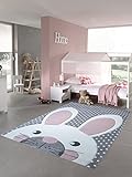 Kinderteppich Spielteppich Teppich Kinderzimmer Babyteppich Hase in Creme Grau rosa Größe 80x150
