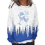 Yowablo Lange Pullover Für Damen Damen-Pullover mit Rundhalsausschnitt, Langen Ärmeln, Weinglas-Print und Kapuzenpullover Damen Sweater Mit (Blue, XXXL)