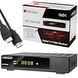 Kabel Receiver DVB-C Set: HB DIGITAL Opticum AX C100 HD PVR DVB-C Receiver für Kabelfernsehen mit Aufnahmefunktion + HDMI Kabel (Full HD Ready, HDTV, HDMI, SCART, USB 2.0, SPDIF Koaxial Ausgang)