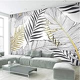 Tapete 3D Wandbild Nordische Schwarze Und Weiße Goldene Blätter Einfach Fototapete 3D Effekt Vliestapete Wohnzimmer Schlafzimmer Wanddeko 400cmX250