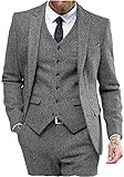 Solovedress Anzüge für Herren 3 Teilig Klassischer Smoking Tweed-Wolle für Hochzeit (Blazer +Weste+ Hose)(Grau,XL)
