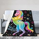 Fleece-Überwurfdecke für Couch, leichte, flauschige, gemütliche weiche Decken und Überwürfe für Sofa, warme Flanelldecke für Bauernhaus, Wohnzimmer und Bett (Buntes Einhorn, 127 x 152 cm)