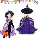 Tuofang Kinder Halloween Kostüm, Halloween Kostüme Hexen Zauberer Umhang mit Hut, Kürbis Candy Bag, Halloween Kostüme Cosplay Verkleidung für Jungen Mädchen (Violett)