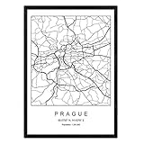 Nacnic Karte der Stadtkarte Prag Nordic-Stil in Schwarzweiss. Poster A4 mit schwarzem Rahmen gedrucktes Papier 250 gr. Bilder, Bettwäsche und Poster für Salon und S