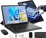 OUZRS Android 13 Tablet 10 Zoll, 12GB RAM 128GB ROM (TF 1TB), Tablet PC Octa Core 2.0Ghz, Gaming Tablet Dual Kamera HD/IPS, 5G WiFi Tablet Android Bluetooth Type-C mit Tastatur und M