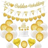 Goldene Hochzeit deko, 50 Hochzeitstag Dekorationen 50 Goldene Hochzeitsbanner Happy 50th Anniversary Luftballons Goldweiße Luftballons Herzballons 50 Golden Wedding