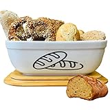 FANOUS Keramik Brotkasten – Weißbrot Aufbewahrungsbox mit Bambusdeckel – Brottopf von 36 x 24 x 14 cm – Brotkasten und Holzdeckel als Schneideb