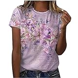 Damen Top Einfarbig T Shirt Damen-T-Shirt mit Blumen- und Zeitungsdruck, Rundhalsausschnitt, kurzärmeliges Sportshirt, lässiges, lockeres T-Shirt Mittelalter Bluse Damen (Pink, XL)