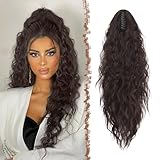 FESHFEN Pferdeschwanz mit Klammer, Lange Wellig Lockig Haarextension Synthetik Zopf Haarverlängerung Claw Clip in Haarteil Ponytail für Damen 65cm Dunkelb