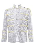 JanJean Ringmaster Kinderkostüm Zirkus Dompteur Kostüm Jungen Stehkragen Blazer mit Schluter Abzeichen Halloween Fasching Karneval Prinz Cosplay Outfit Silber 122-128