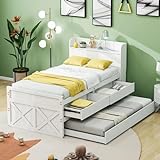 Merax Kinderbett Bodenbett Hausbett Einzelbett 90x190 mit Schublade und Lattenrost mit USB-Buchse Weiß