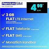 Handytarif PremiumSIM z.B. LTE All 3 GB – (Flat Internet 3 GB LTE, Flat Telefonie, Flat SMS und Flat EU-Ausland, 4,99 Euro/Monat, monatlich kündbar) oder andere T