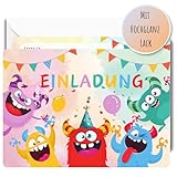 12x EINLADUNGSKARTEN +Umschläge mit Party Monster Geburtstags Design in Hochglanzoptik für coole Mädchen & Jungen Monster Kindergeburtstag