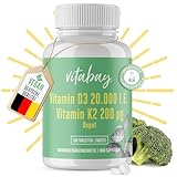 Vitabay Vitamin D3 K2 20000 IE hochdosiert - 180 VEGAN & LABORGEPRÜFTE Vitamin D3K2 Tabletten hochdosiert - Vitamine Vitamin D Vitamin K2 20000 K Sonnenvitamine D3K2 Vitamin D3K2 hochdosiert Vit D3 K2