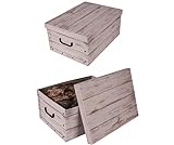 Kreher® 2 Stück Aufbewahrungsbox mit Deckel, Deko Papp-Karton, Stapelbox, 45 Liter mit Griffen, 51 x 37 x 24 cm (Holz Weiß)