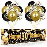 30. Geburtstag Deko für Mann Fraue Schwarzes Gold, Luftballons 30. Geburtstag Party Schwarz Gold Banner und 18 PCS 30. Happy Birthday Konfetti Ballons für Deko 30 Jubiläum Geburtstagsparty Dek