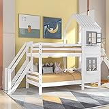 NNJN 90x200cm Etagenbett mit Handlauf und Fenster, Hausbett, Kinderbett mit Fallschutz und Gitter, Rahmen aus Kiefer (weiß)